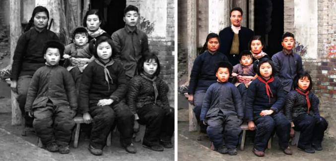 左图为焦裕禄去世后,妻子徐俊雅和子女们拍的全家福.